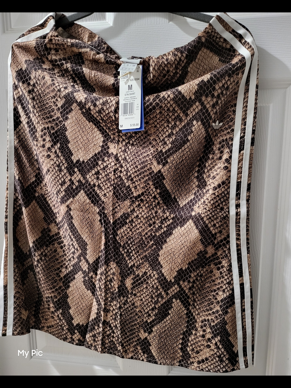 Adidas Women Satin Brown Snake-Print Maxi Skirt with White Side Stripes - Picture 2 of 4